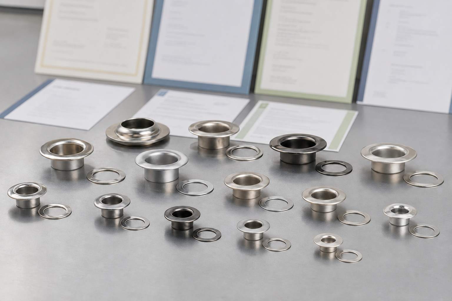 eyelet for fabric, The image shows multiple metal eyelet for fabric samples arranged on a table in different sizes and shapes.